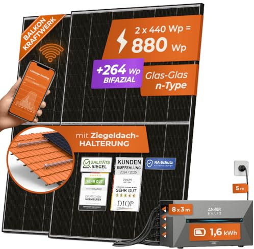 Solarway 880W Balkonkraftwerk 800W komplett Steckdose mit 1,6kWh Anker Solix 2 PRO Speicher - neuester Wechselrichter 800W - 440W bifaziale Solarmodule & Anker Speicher & Zubehör