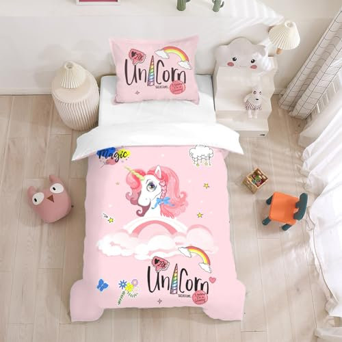 INTOMENG Einhorn Bettwäsche 135x200 Rosa für Teenager Mädchen Kinderbettwäsche Einhorn Bettbezug Weich 100% Mikrofaser Bettwäsche mit Reißverschluss und 80x80 Kissenbezüge 3D Regenbogen