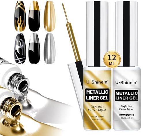 U-Shinein 2x12ml Esmalte de uñas de pintura metálica, gel de pintura metálica de oro y plata, pintura de arte de uñas de fuerte reflexión especular, con cepillo delgado incorporado