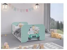 Generisch Kinderbett Jugendbett Einzelbett Bett mit Matratze Viele Muster 140x70 cm (Blaues Auto)