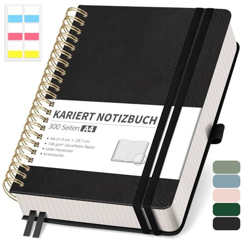 RETTACY Notizbuch A4 kariert, Bullet Journal mit 100 g/m² Dickem Papier, 150 Blatt, Collegeblock für Büro und Schule, Lederhülle, Schwarz, 21 cm x 29.7 cm