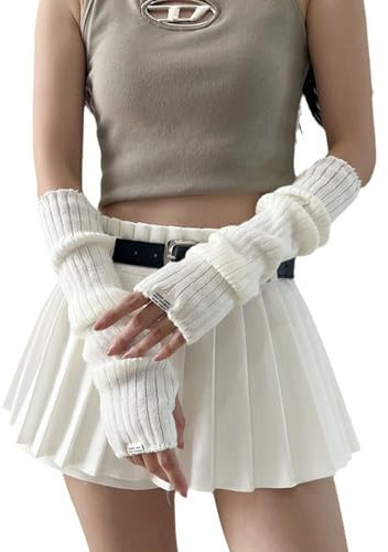 FloralGrace 1 Paar Y2K Armstulpen Winter Gestrickte Handschuhe Feinstrick Handwärmer Lange Fingerlose Handschuhe Stricken Handstulpen Pluswärmer Frauen (Weiß)