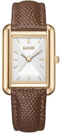BURKER Damenuhr Olivia, Quadratische Damen Armbanduhr Lederarmband Edelstahl Analog Quarz 3-ATM Wasserdicht - 29 mm - Gold Braun Leder