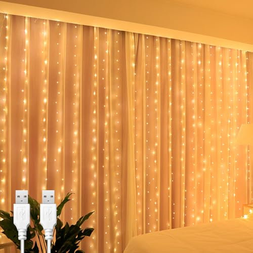 A.bigwhale Lichtervorhang 2x2m, 2 Stück Lichterketten Vorhang Innen, 200 LED Lichterkette Hängend USB Lichtervorhang Warmweiß für Hochzeit Party Weihnachten Wand Fenster Schlafzimmer Deko