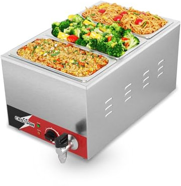 crosson Commerciale Scaldavivande Elettrico 3 Sezioni,1500W Scaldavivande Professionale in Acciaio Inox con Coperchio e Rubinetto,per Buffet Catering e Ristoranti