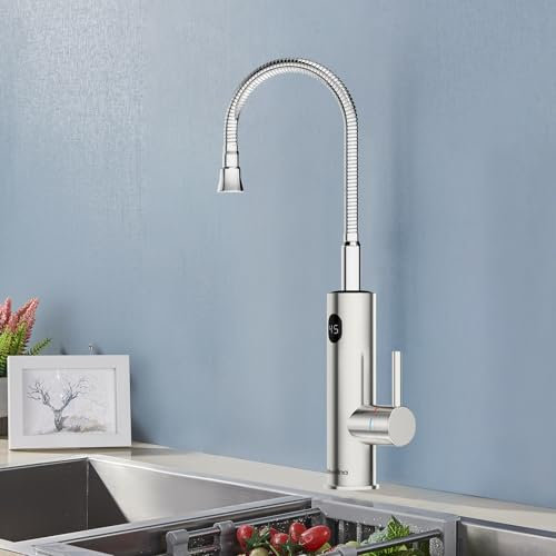 Briwellna Edelstahl-elektrischer Wasserhahn mit Digitalanzeige, 220V Wasserhahn mit Durchlauferhitze mit Univesal Auslauf, Küche Warmwasserhahn (Silber)