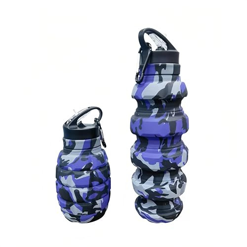 KUNHANG Faltbare Reise-Wasserflasche, wiederverwendbare Silikon-Wasserflaschen für Fitnessstudio, Camping, Wandern, tragbar, auslaufsicher, Sport, Wasser-Armee-Camouflage-Flasche mit Granatenkarabiner