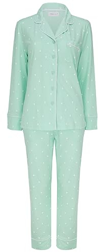 SNOOZE OFF Damen Schlafanzug | Pastellgrün mit Weißen Herzen | 100% Baumwolle | Klassischer Pyjama mit Weißer Kontrastpaspelierung | V-Ausschnitt & Brusttasche | Lange Ärmel & Hose
