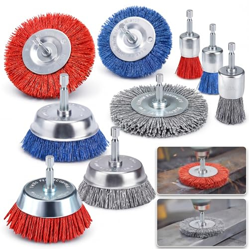 Nylonbürsten Bohrmaschine Set 9 Stück - 3 Größen 1/4 Zoll Sechskantschaft | Nylondraht-Topfbürste Für Bohrmaschine und Winkelschleifer zum Reinigen und Entgraten von Metall, Holz und Stein