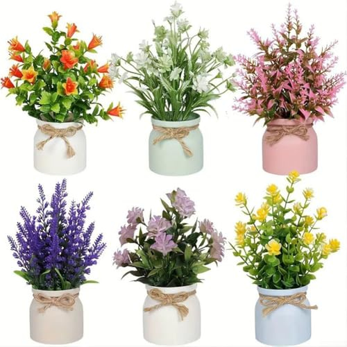 Künstliche Topfblumen, 6er-Set, Mini-Kunstpflanzen mit bunten Kunststoff-Blumenarrangements in dekorativen Töpfen für Wohnzimmer, Schlafzimmer, Küche, Büro, Tischdekoration oder Regal (6 Töpfe - 3)