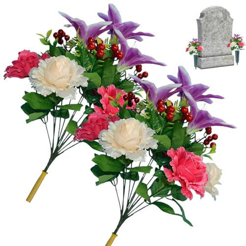 Wedhapy Grabblumen 2 Bündel künstliche Blumen für Gräber 44 cm 12 Köpfe Rosen und Lilien Gedenkblumen aus Seide für Gräber Lila
