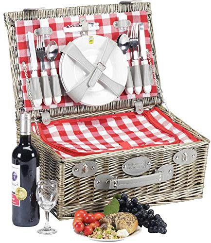 Les Jardins de la Comtesse - Picknickkorb Marly - Komplett Für 4 Personen - Kühlfach - Keramikteller und Weingläsern - Rot-weiß Karierter Stoff - 46 x 31 x 20 cm