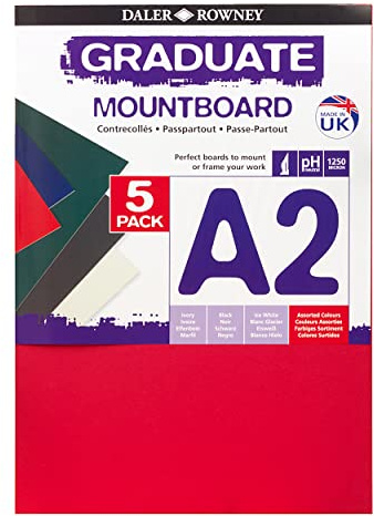 Daler Rowney Graduate 1.25mm Thick A2 Cream Core Mountboard with a Smooth Surface Pack, 5 Assorted Colour Boards, Ideal for Students and Displays