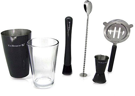 Vin Bouquet, FIK 020, Set professionale di accessori per barman, incl. borsa, pestello, cucchiaio da bar, jigger e strainer