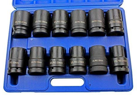 US Pro 12 Piece 1 inch Drive Single Hex Deep Impact Socket Set B2096