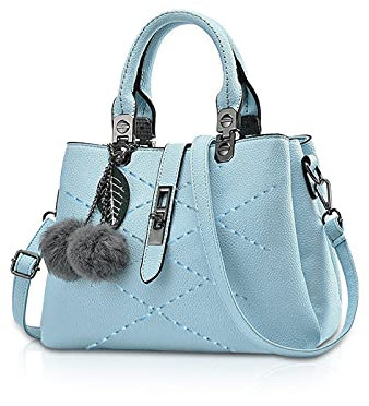 NICOLE & DORIS 2025 Neue Frauen Tasche Damen Leder Handtasche Mode Umhängetasche Mit Pompon abnehmbarem Schultergurt Handtasche Azurblau