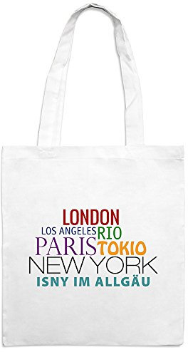 Jutebeutel mit Stadtnamen Isny im Allgäu - Motiv Famous Cities in The World - Farbe weiß - Stoffbeutel, Jutesack, Hipster, Beutel