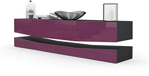 Vladon Lowboard City, Made in Germany, TV-Kommode mit Sockelelement, 1 offenem Fach und 3 Schubkästen, Schwarz matt/Brombeer Hochglanz (178 x variabel x 39 cm)