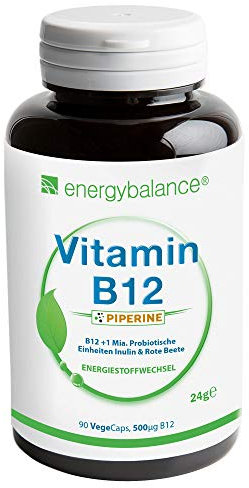 EnergyBalance Vitamin B12 - Kapseln mit Rote Beete und Piperine - Biologisch Aktiv, 100% reine Zutaten - Vegan, Glutenfrei, ohne Zusätze - 500mcg - 90 VegeCaps