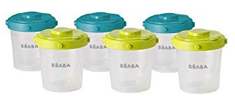 BÉABA Juego de 6 Tarritos de Conservación, Recipientes apilables y con clip, 100 % herméticos con Graduación, Congelación, 6x200 ml, Azul/Amarillo