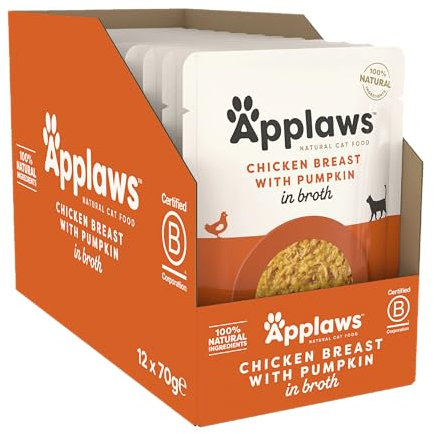 Applaws Premium Natural Katzenfutter Nass, Hühnerbrust und Kürbis in Brühe 70g Portionsbeutel (12x70g )
