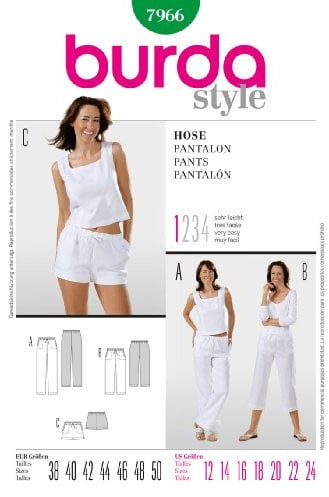 burda style Schnittmuster 7966| Hosen und Shorts zum selber nähen | Damen, Gr. 38-50| Nählevel: leicht