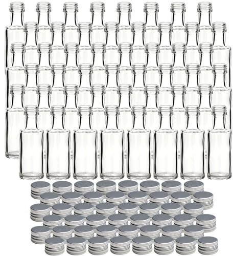 gouveo Juego de 48 botellas de vidrio Dorica de 20 ml con tapón de rosca plateado - mini botella de 0,02 l para llenar - botellas de vidrio para licor, aguardiente, aceite o para manualidades