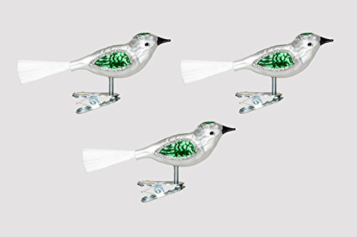 Christbaumschmuck Glas Vogel Set 3 Stück Silber/Grün H mundgeblasen Lauscha