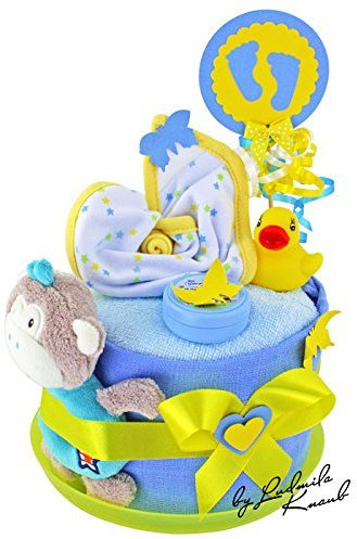 MomsStory - kleine Windeltorte Junge | DIY Windelgeschenk | Baby-Geschenk zur Geburt Taufe Babyparty | Babytorte (Blau-Gelb) mini Geburtsgeschenk mit Greifling Spucktuch Lätzchen Windeln & mehr