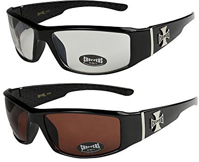 2er Pack Choppers 6608 X0 Sonnenbrillen Herren Damen Männer Frauen Brille - 1x Modell 14 (schwarz glänzend/annährend transparent) und 1x Modell 09 (schwarz glänzend/braun getönt) - Modell 14 + 09 -