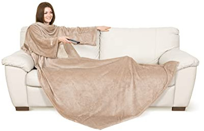 Kanguru Kuscheldecke mit ärmeln, Sofa Decke zum anziehen 210x140 cm, mit zentrale Tasche, weiche Flannel mikrofaser, tv tagesdecke, fleecedecke, tragbare und Oversize BEIGE