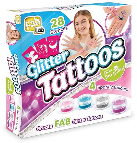 FabLab Glitter Tattoos | Create FAB Glittery Kids Tattoos! | Includes 28 Stencils and 4 Sparkly Colours of Bio-Glitter | Girls Gifts for Ages 8+