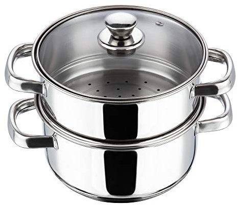 Vinod Stainless Steel 2-Tier Steamer Pot - 20 cm | Vented Glass Lid & Riveted Handles | Induction & Gas Compatible | 2.5mm Thick Base | Multipurpose Steamer Cooking Vegetable, Momos, Dumplings