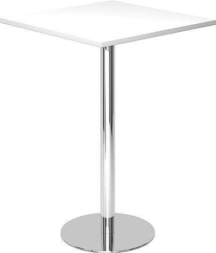 bümö Stehtisch Büro, Bistrotisch eckig 80 x 80 cm - Bartisch Weiss, Stehtisch Holz-Platte, Säule aus Metall verchromt, Buffettisch, Säulentisch, Partytisch, Thekentisch, Hochtisch, Barmöbel