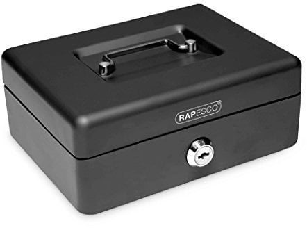 Rapesco SB0010B1 Caisse à Monnaie en Métal avec Serrure, 3 Clés et Plateau Amovible, Taille 25 cm, Noir