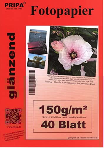 A3 pripa 40 Blatt Fotopapier Photopapier 150g/qm - glossy glanz - sofort trocken - wasserfest - hochweiß - sehr hohe Farbbrillianz fuer InkJet - Tinten Drucker