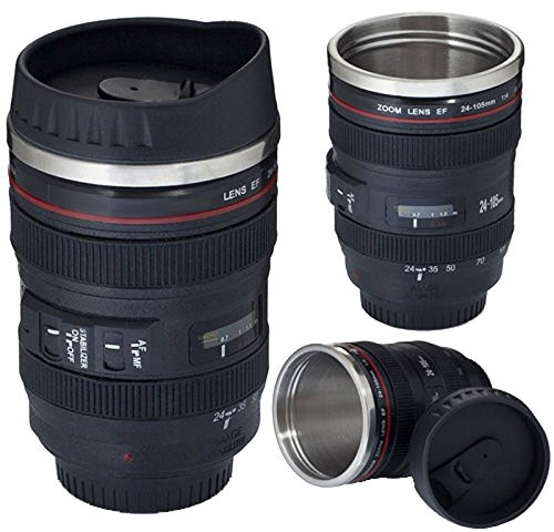 LUPO Kamera Objektiv Becher - Kaffee Tee Becher - Realistisch Geschlossenes Zoom Objektiv Entwurf - Edelstahl Innen - Schrauben Sie auf Nippel Deckel