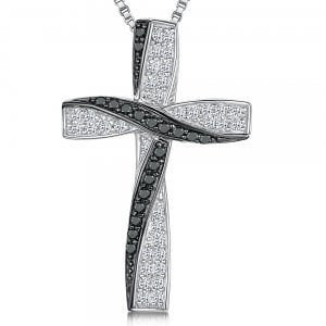 Jools von Jenny Braun® – Sterlingsilber-Anhänger verdrehtes Kreuz mit 1,5 mm großen schwarzen und weißen CZ-Steinen in Pavé-Fassung