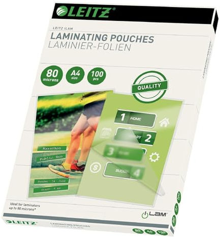 Leitz Heißlaminierfolien A4 80 mic, Hochwertige Laminierfolien im 100er Pack, mit abgerundeten Ecken, transparent, glänzend, für den Einsatz zu Hause oder im Büro, 33818