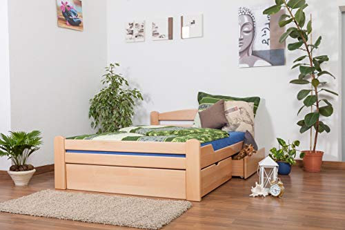 Einzelbett/Funktionsbett Easy Premium Line K4, inkl. 2 Schubladen und 1 Abdeckblende, 140 x 200 cm Buche Vollholz massiv Natur
