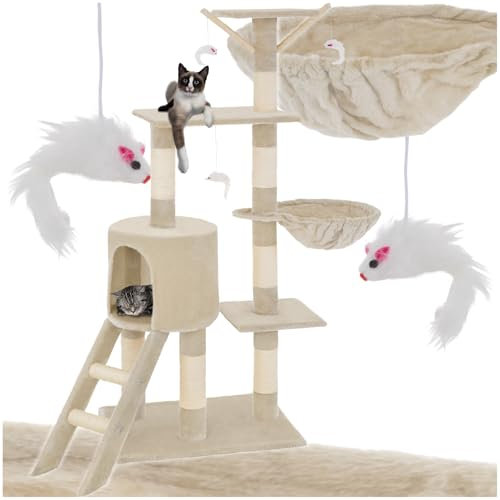 Tectake® Arbre à Chat Griffoir 144cm - Maison Intérieure avec Grattoir, Rampe, Couchage, Hamac, Échelle et Lit - Jeux pour Appartement - Souris de Jeu Incluse