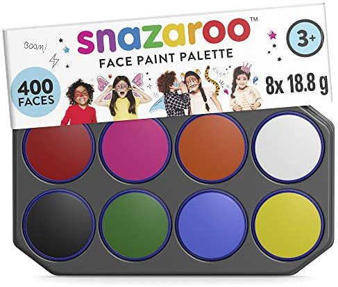Snazaroo Face Paint Palette, 18 ml (1 Pack of 8 Colors) - Vibrant Make-Up, Perfect for World Cup, Parties, Cosplay, Animals Events, Carnival, & More