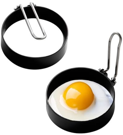 Premier Housewares Pack of 2 Non Stick Egg Rings | Stainless Steel Fried Egg Rings for Frying | Metal Circle Egg Rings for Perfect Eggs | Crumpet Rings with Folding Handle