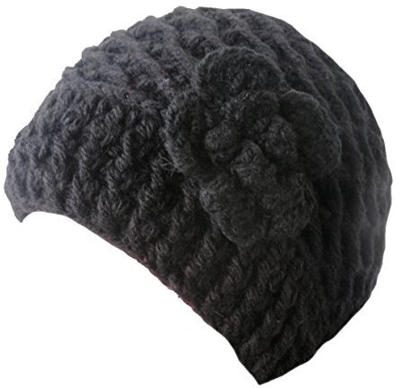 Damenmützen Strickmütze Pudelmütze mit Blume Wintermützen (Schwarz)