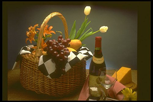 577006 Picnic Basket With Wine Cheese Bread And Wine Glasses A4 Photo Poster Print 10x8