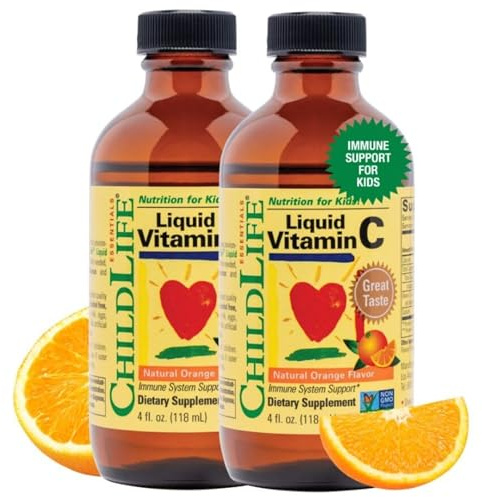 CHILDLIFE ESSENTIALS Liquid Vitamin C - Pure Vitamin C Liquid Supplement for Kids, Immune System Support, Natural Orange Flavor, 4 Fl Oz (Pack of 2)