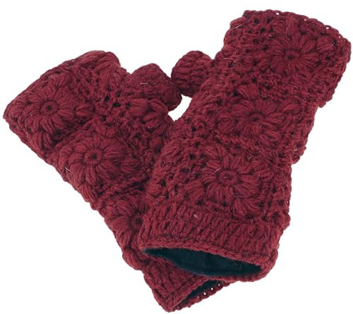 GURU SHOP Gehäkelte Handstulpen Blümchen, Armstulpen aus Schurwolle, Pulswärmer - Burgundy, Herren/Damen