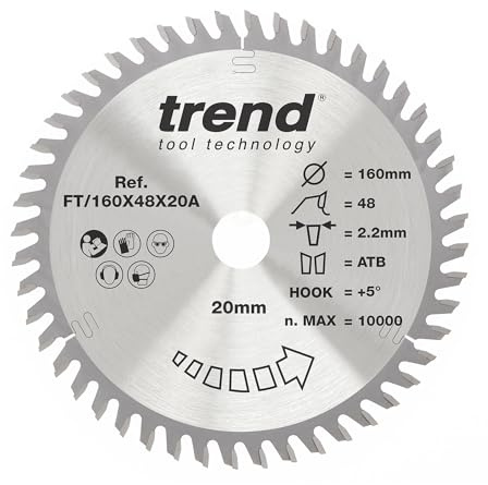 Trend Wood Circular Saw Blade, 160mm Diameter, 20mm Bore, 48 Teeth, 2.2mm Kerf, +5° Hook, TCT, Extra-Fine Finish, FT/160X48X20A