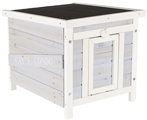 TRIXIE Small Outdoor Cat House, Weatherproof Cat Home with Raised Floor, Hinged Asphalt Roof & Covered Opening, Outdoor Shelter for Cats and Small Animals, Gray & White Fir Wood