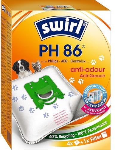 Swirl PH 86 EcoPor Anti-Geruch Staubsaugerbeutel (4 Beutel), reißfeste Staubbeutel für einige AEG, Dirt Devil, Electrolux & Philips Staubsauger, mit Geruchsfilter, 99,9 % Filterung von Hausstaub